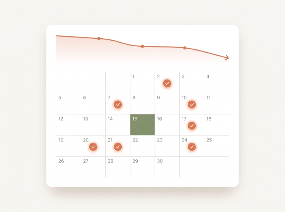 Progress calendar showing monthly check-ins and weight trend